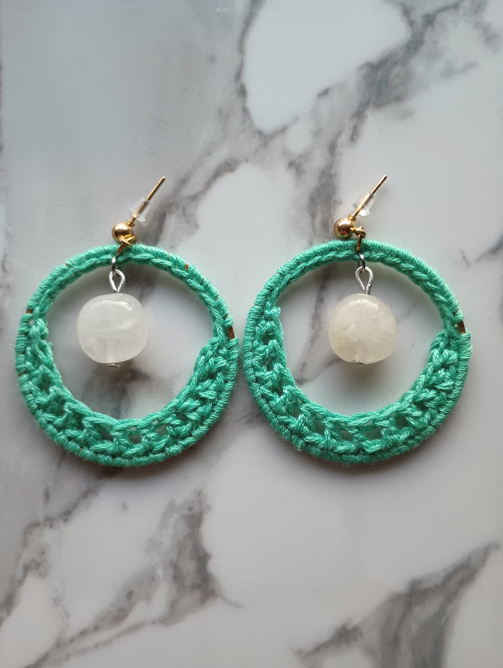 Aquamarine Crochet Dangle Earrings with Crystal White bead