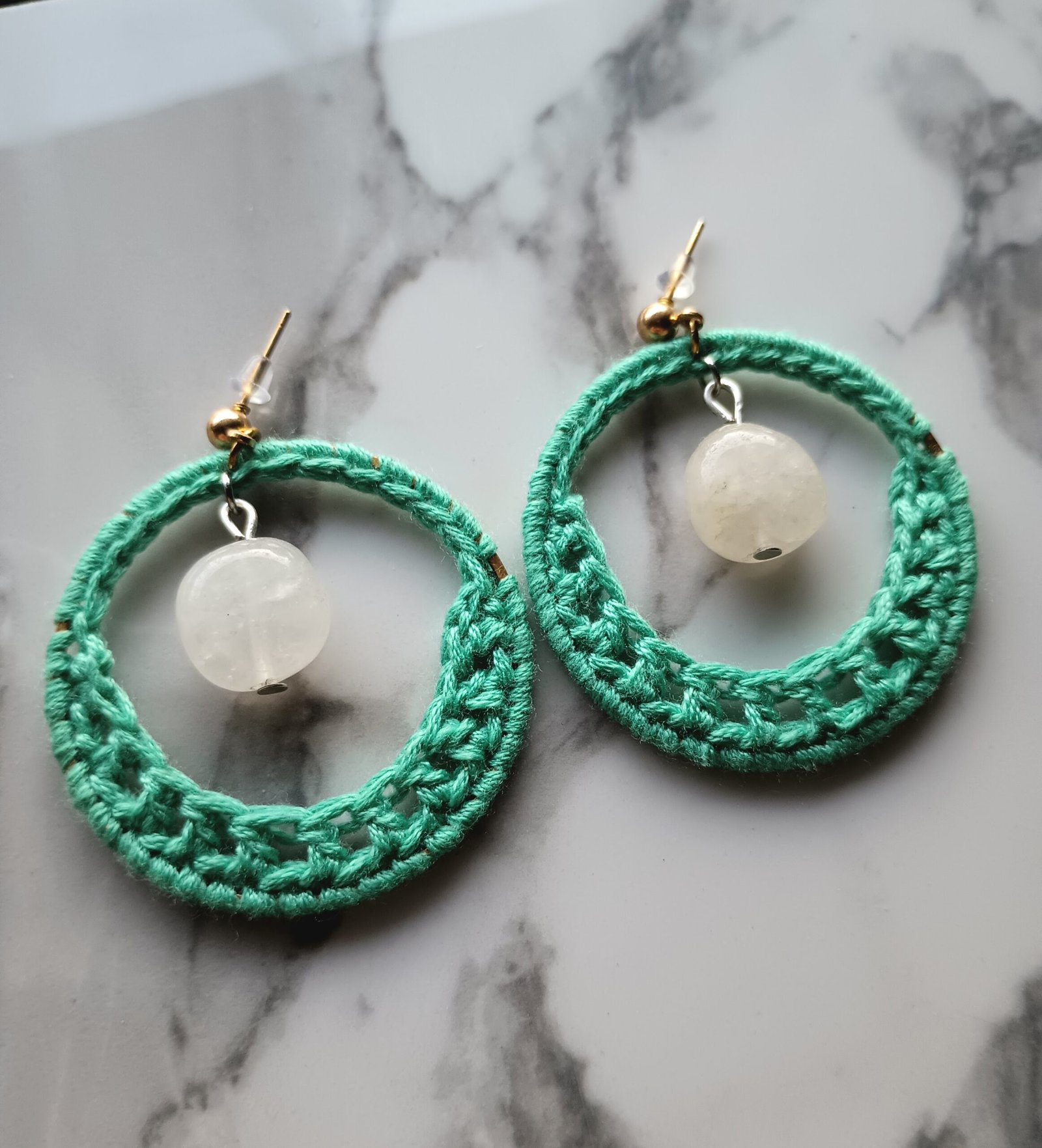 Aquamarine Crochet Dangle Earrings with Crystal White bead - Image 2