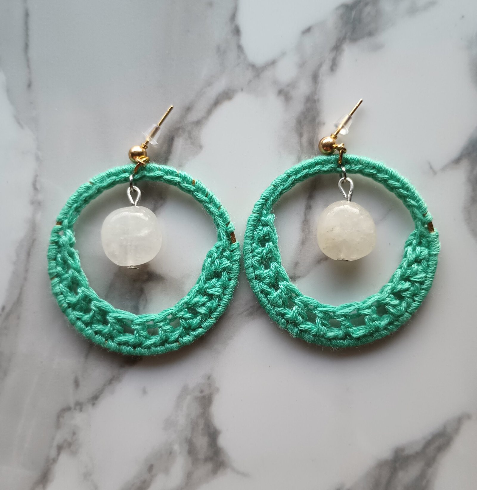 Aquamarine Crochet Dangle Earrings with Crystal White bead - Image 3