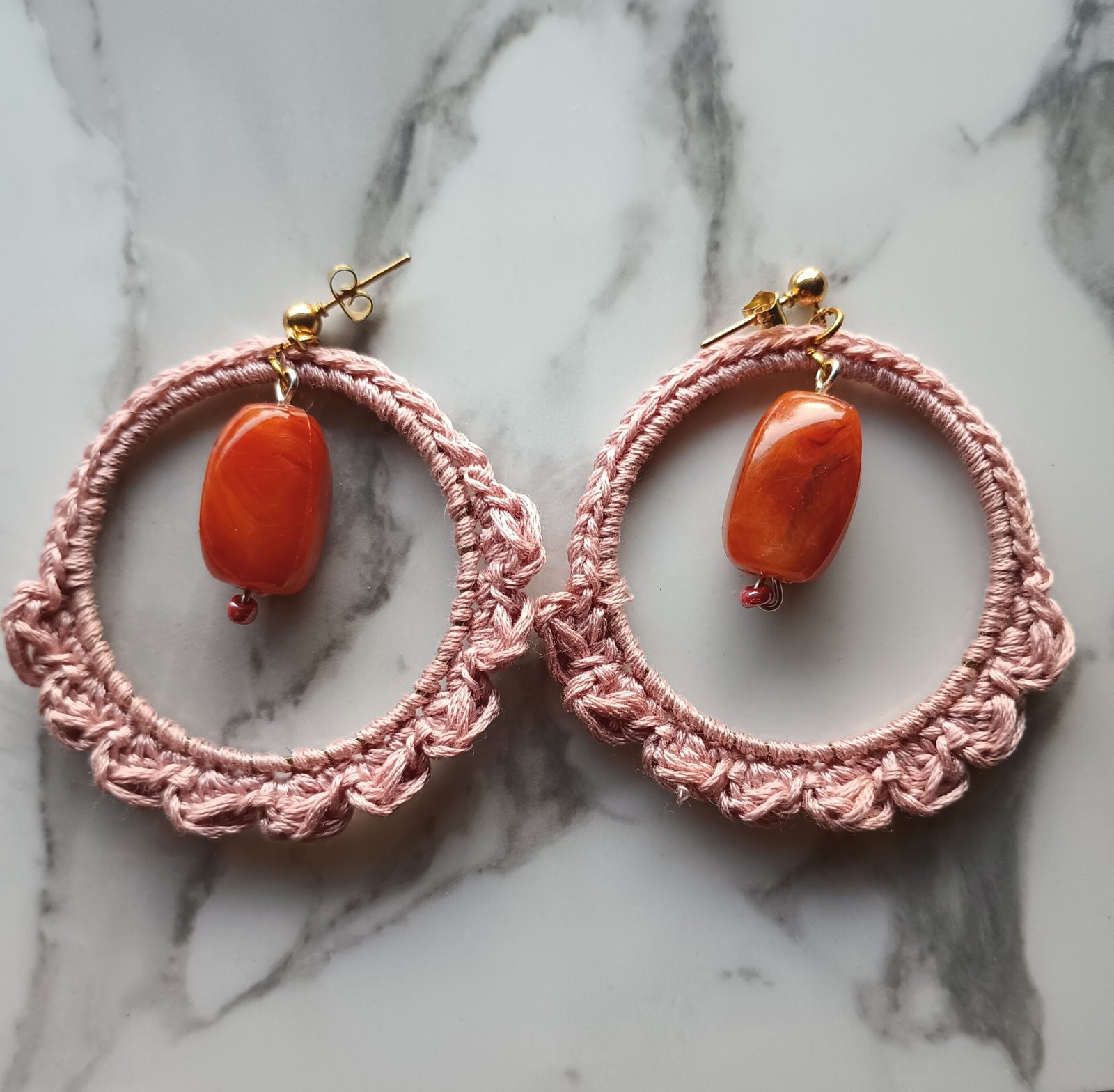 Baby Pink Crochet Dangle Earrings with Faux gemstone - Image 2