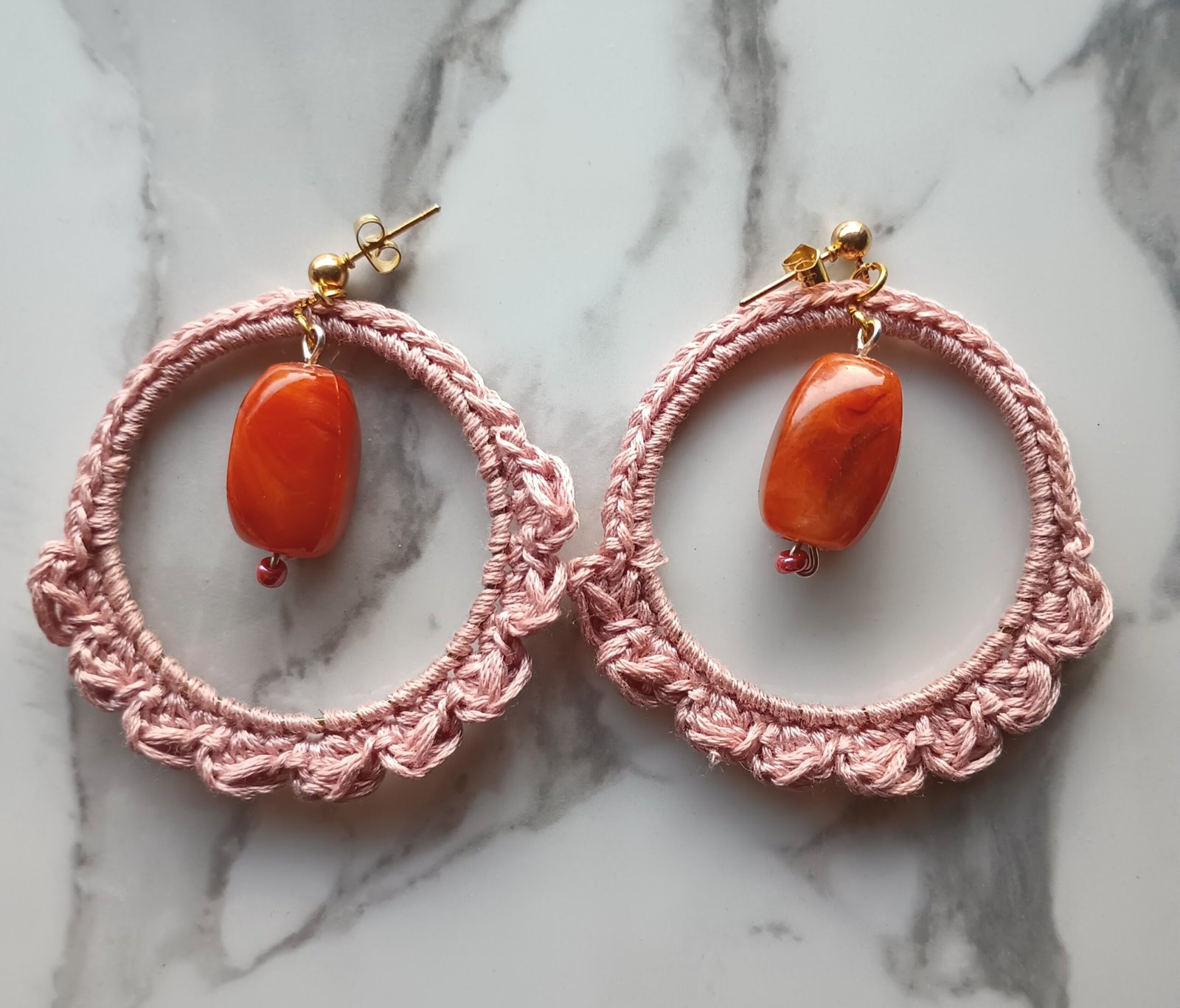 Baby Pink Crochet Dangle Earrings with Faux gemstone