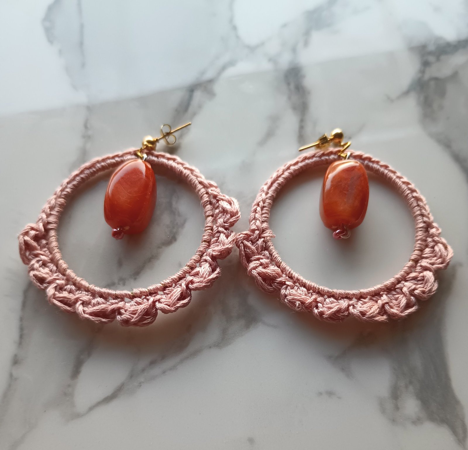 Baby Pink Crochet Dangle Earrings with Faux gemstone - Image 3