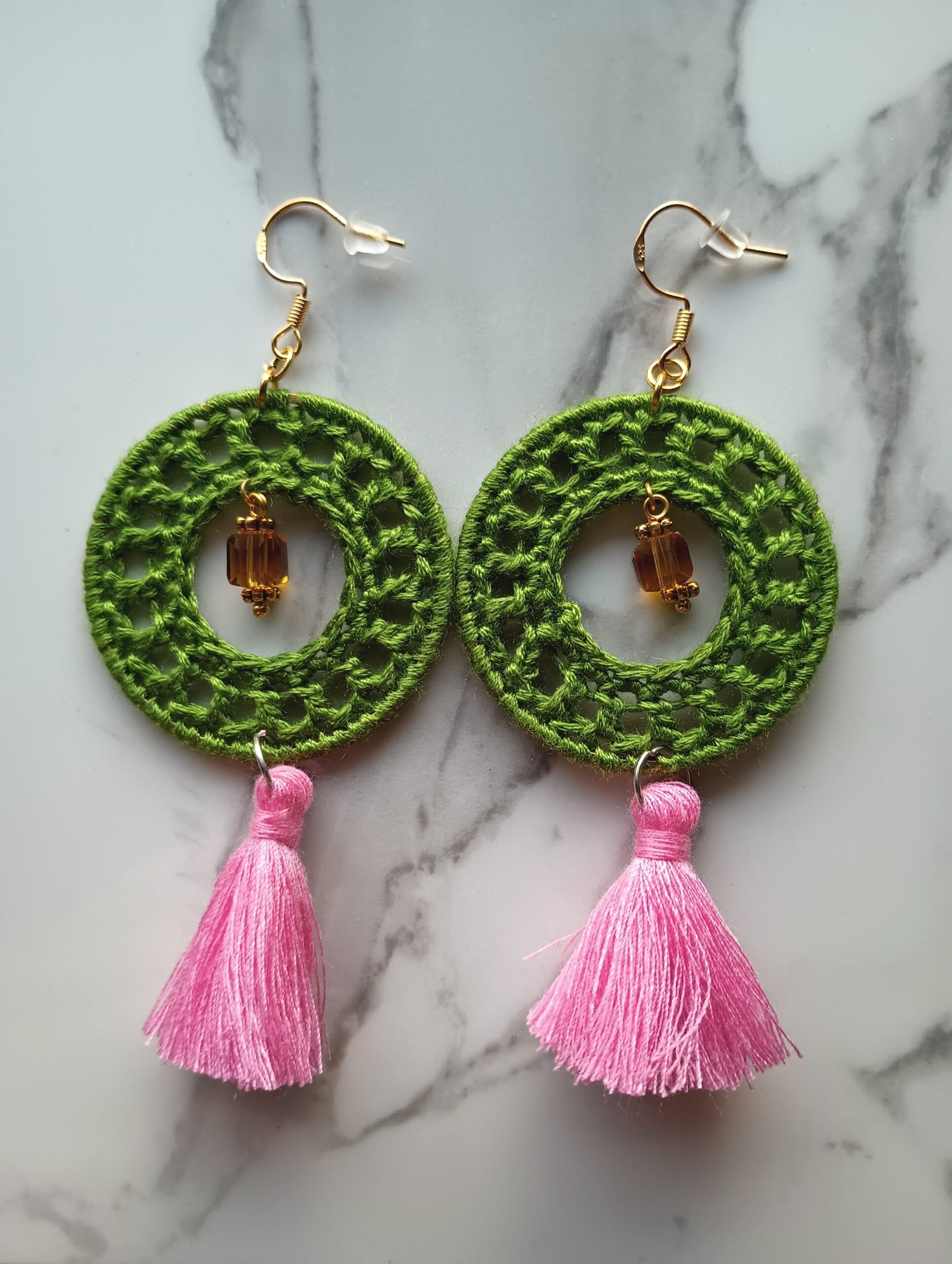 Green & Pink Dangling Crochet Earrings - Image 3