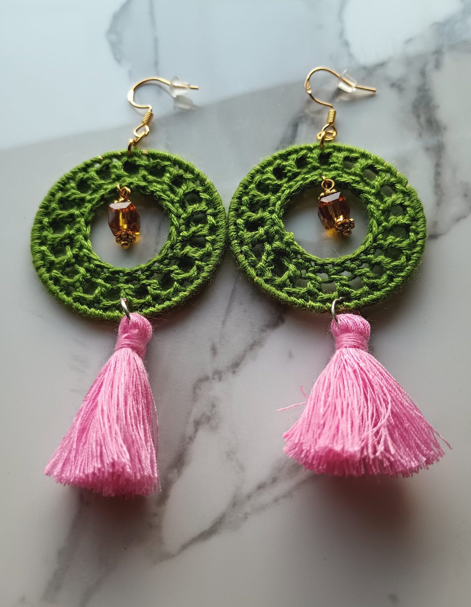 Green & Pink Dangling Crochet Earrings - Image 2
