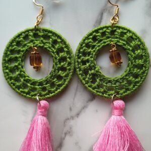 Green & Pink Dangling Crochet Earrings