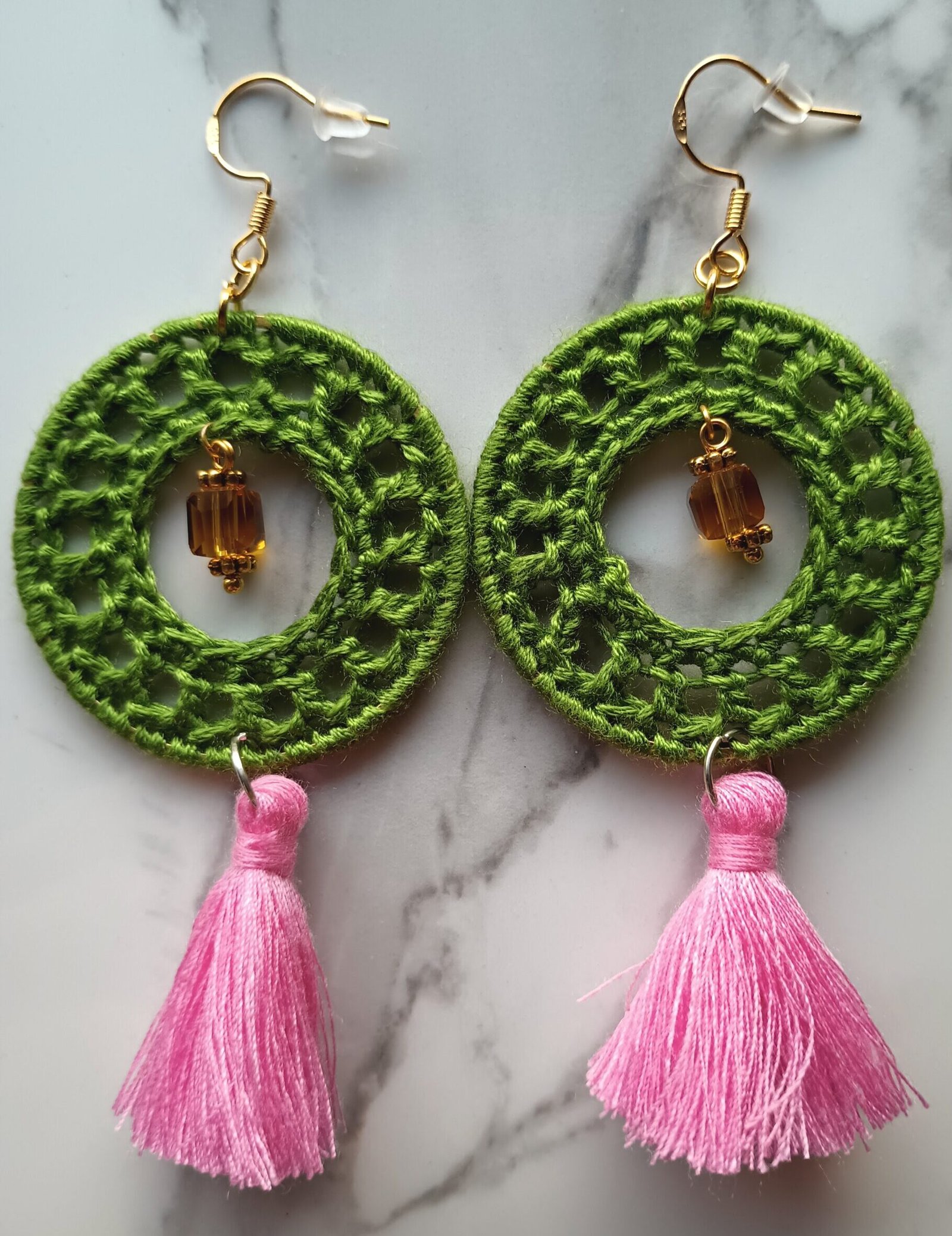 Green & Pink Dangling Crochet Earrings
